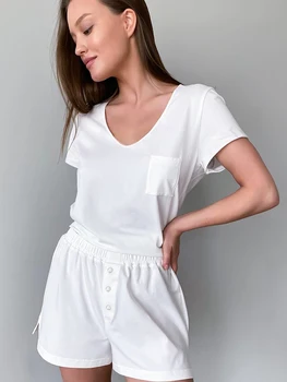 Hiloc Adīšana, Seksīgas Pidžamas Sieviete Loungewear Kabatas Īsām Piedurknēm Sleepwear Apaļu Kakla Sieviešu Mājas Drēbēm, Ikdienas Mājas Tērps 2022