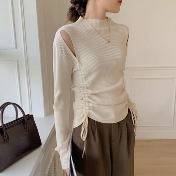 Jaunu 2021 Rudens Ziemas Sieviešu Džemperi Džemperi Shirring Trikotāžas Modes Vintage Elegants Izgriezums Īss Tops