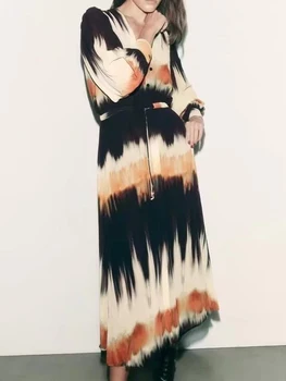 Kumsvag Sieviešu Rudens Šifona MIDI Kleitu 2022 Vintage Modes Kaklasaites krāsota Loku Uzliku V-veida Kakla Sieviešu Elegants Iela Kleitas Apģērbi