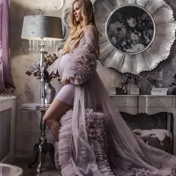Putekļainās Violetu Mežģīņu Tilla Ilgu Grūtniecības Un Dzemdību Kleitas Fotosesijām Ruched Tutu Drēbes Pilnu Piedurknēm, Sieviešu Kleitas